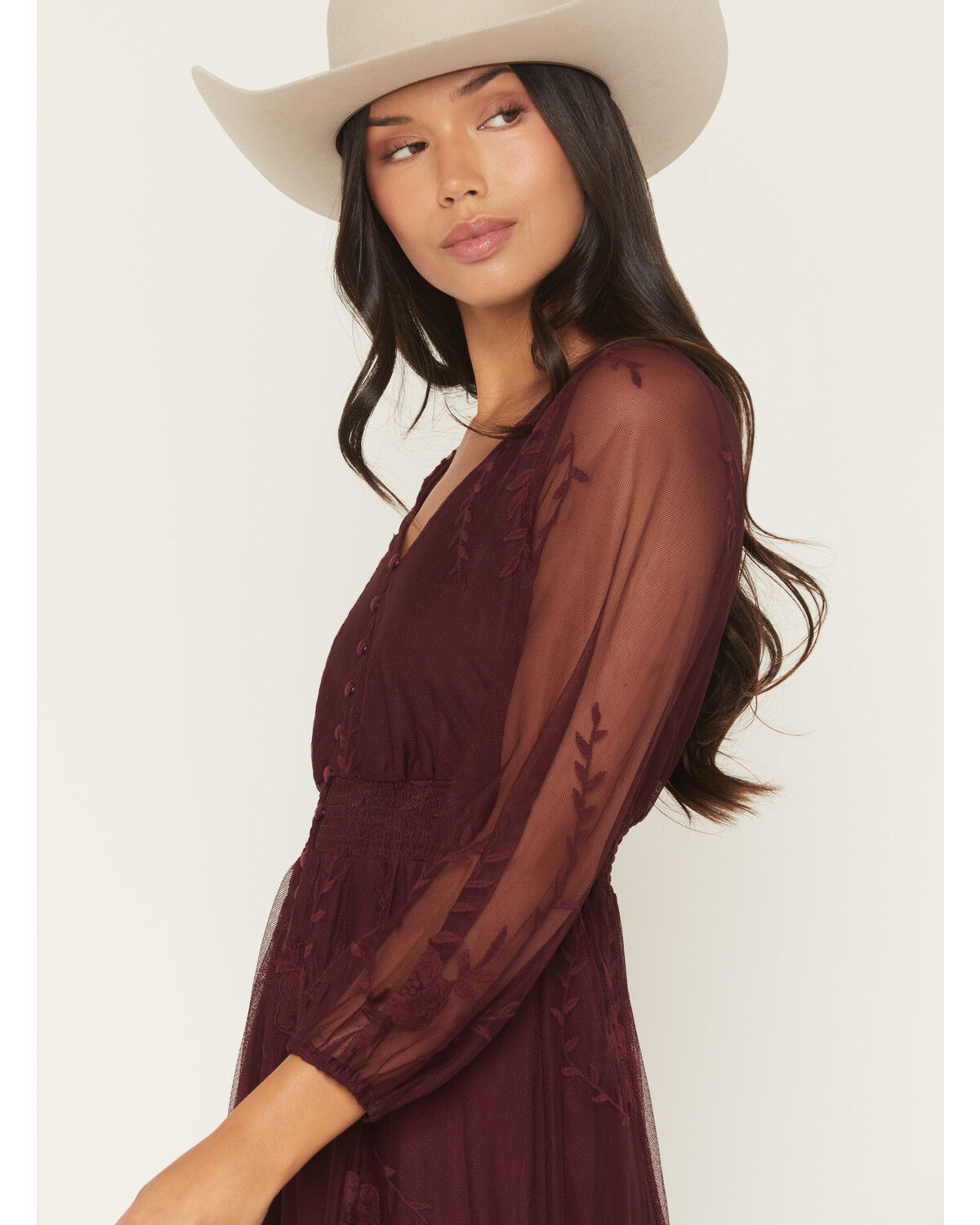 Image #2 - Shyanne Women's Hillside Floral Embroidered Long Sleeve Button-Down Mesh Midi Dress, Brick Red, hi-res