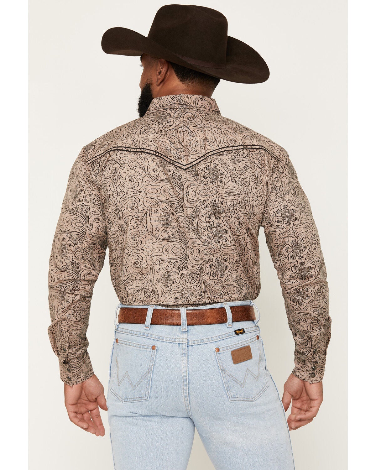 Image #4 - Cowboy Hardware Men's Tooled Floral Print Long Sleeve Snap Stretch Western Shirt, Tan, hi-res