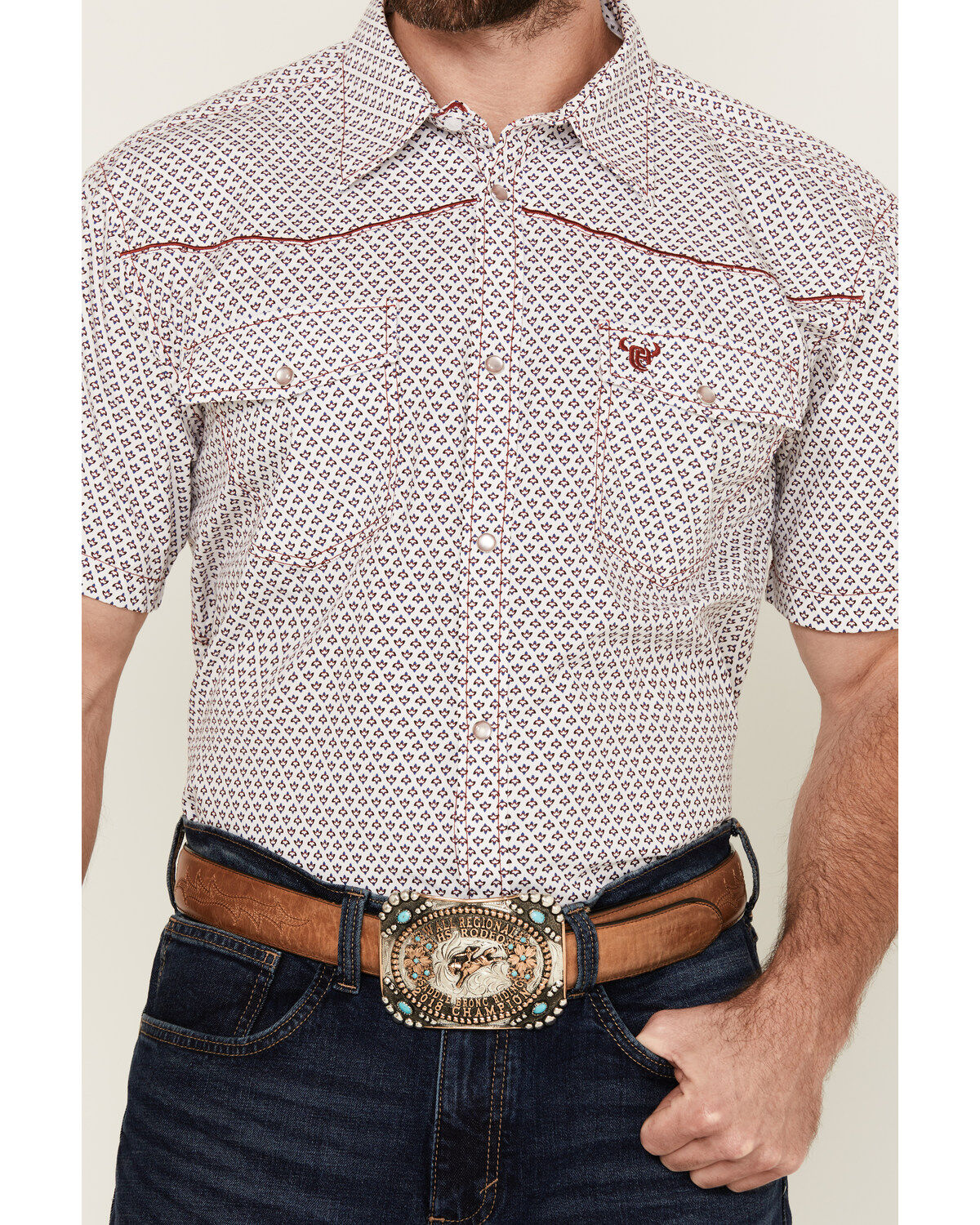 Image #3 - Cowboy Hardware Men's Fleur Printed Short Sleeve Pearl Snap Western Shirt, White, hi-res