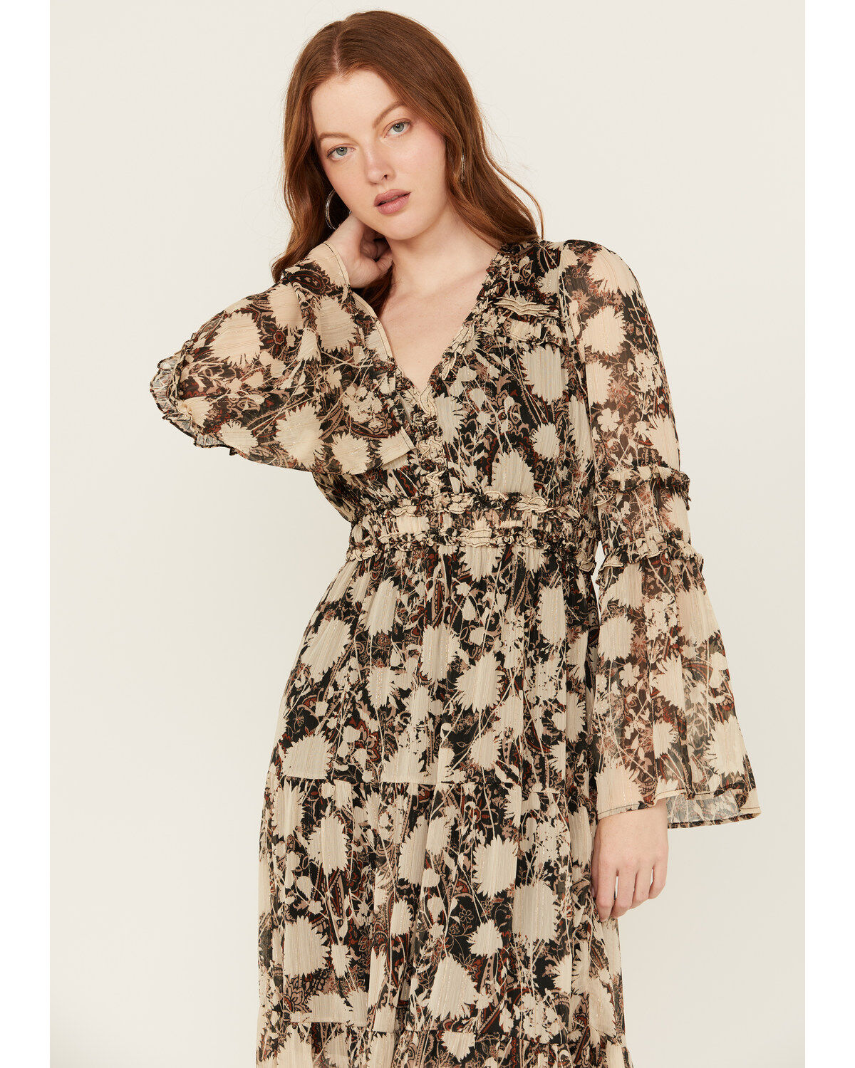 Image #2 - Miss Me Women's Floral Print Long Sleeve Midi Dress, Black, hi-res