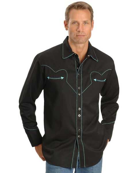 Image #1 - Scully Men's Long Sleeve Western Shirt, Black, hi-res