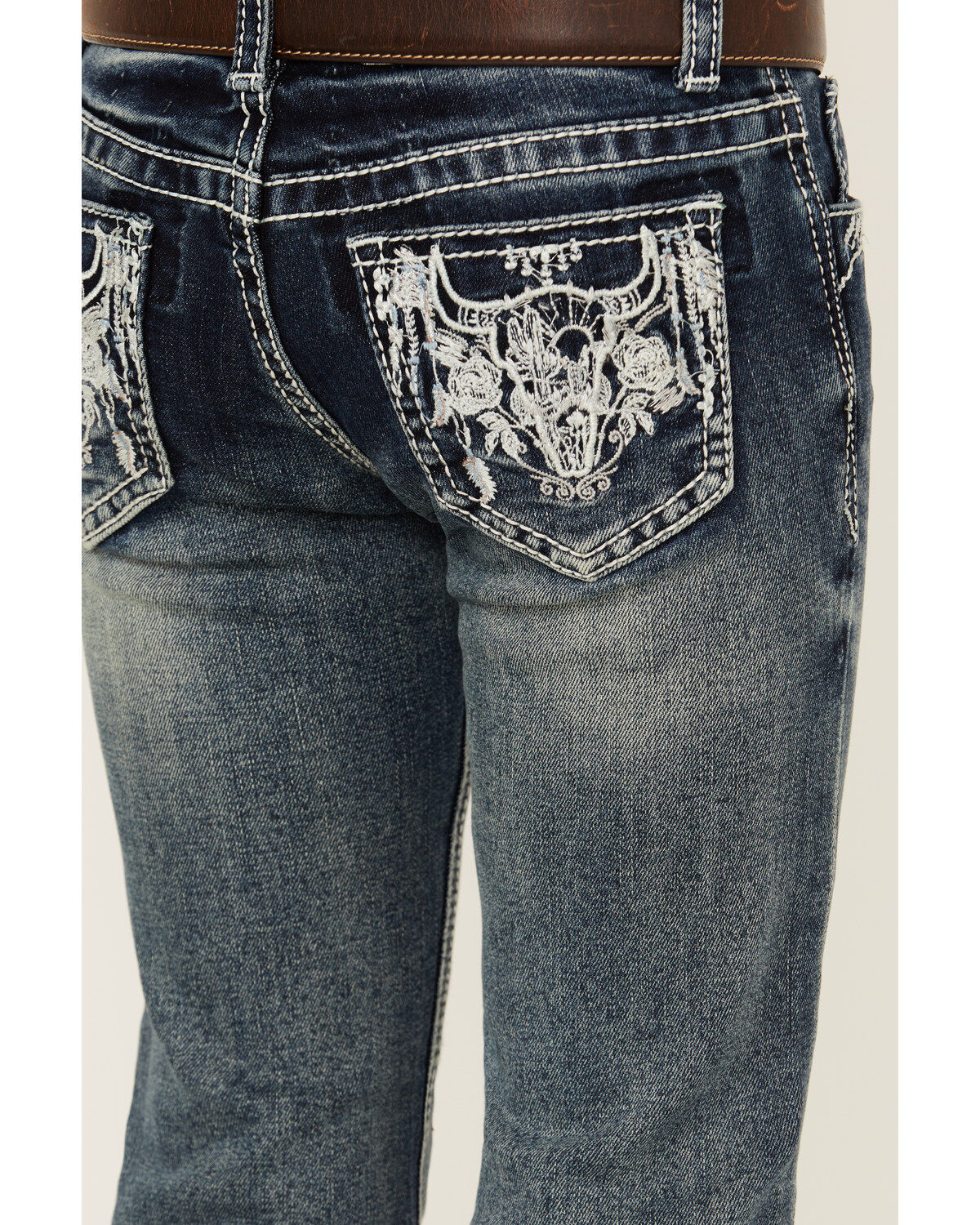 Image #4 - Grace in LA Little Girls' Medium Wash Steer Head Pocket Stretch Bootcut Jeans, Medium Wash, hi-res