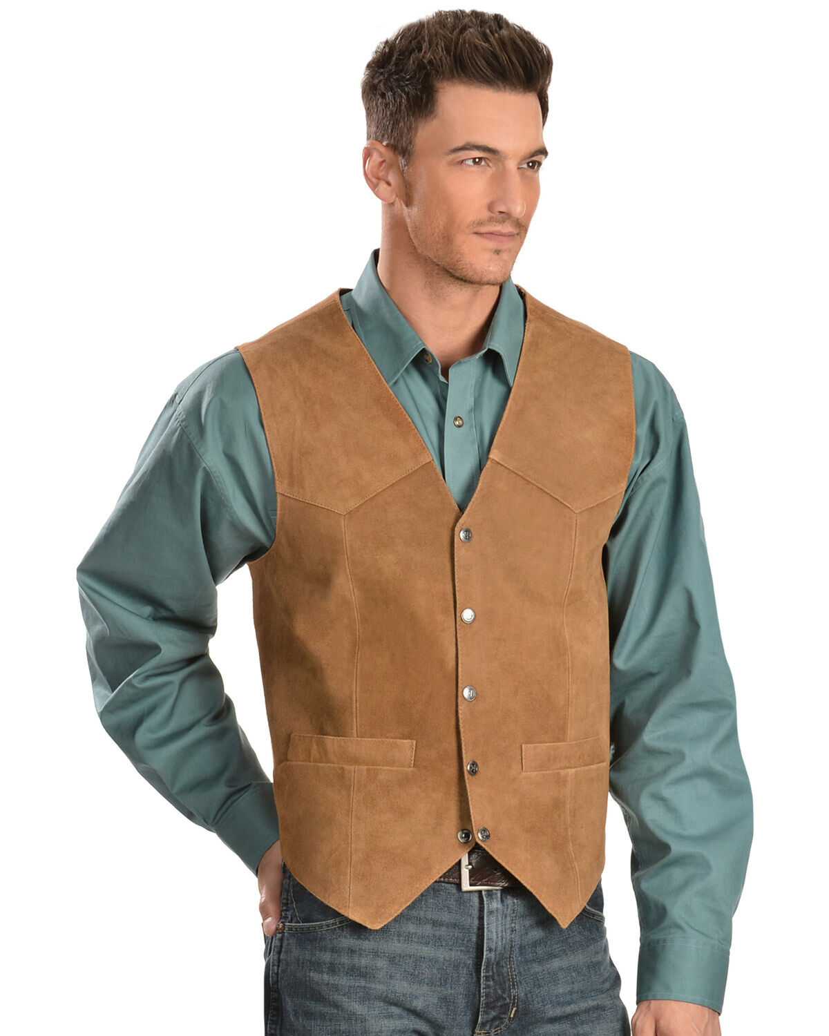 Image #1 - Scully Men's Lambskin Calf Suede Snap Front Vest, Rust, hi-res