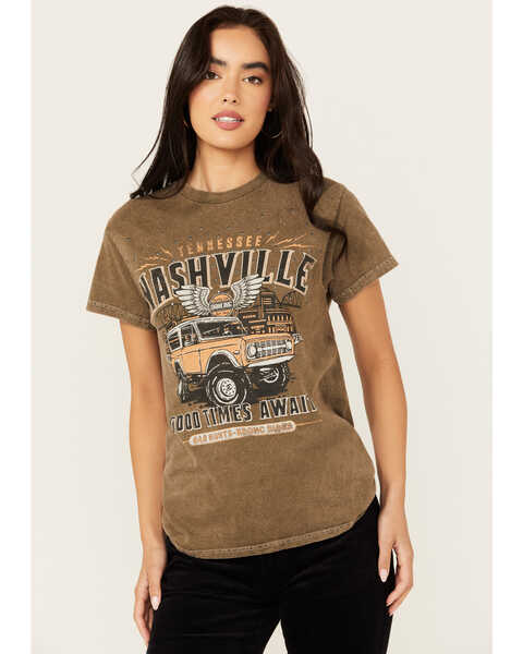 Youth in Revolt Women's Nashville Embellished Car Short Sleeve Graphic Tee, Green, hi-res