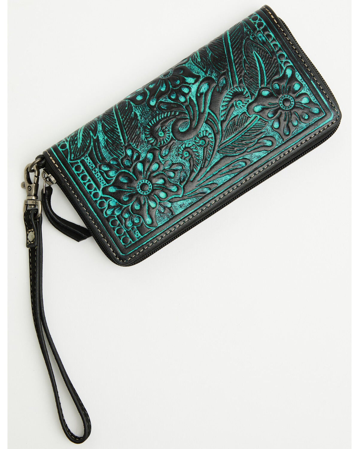 Shyanne Women's Tooled Leather Wristlet Wallet, Turquoise, hi-res