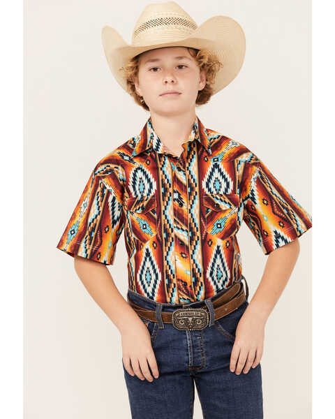 Rock & Roll Denim Boys' Southwestern Print Short Sleeve Snap Stretch Western Shirt , Red, hi-res
