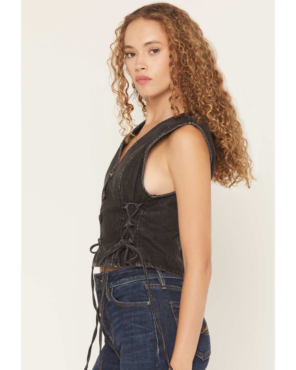 Image #2 - Saints & Hearts Women's Side Tie Button-Down Denim Vest, Black, hi-res