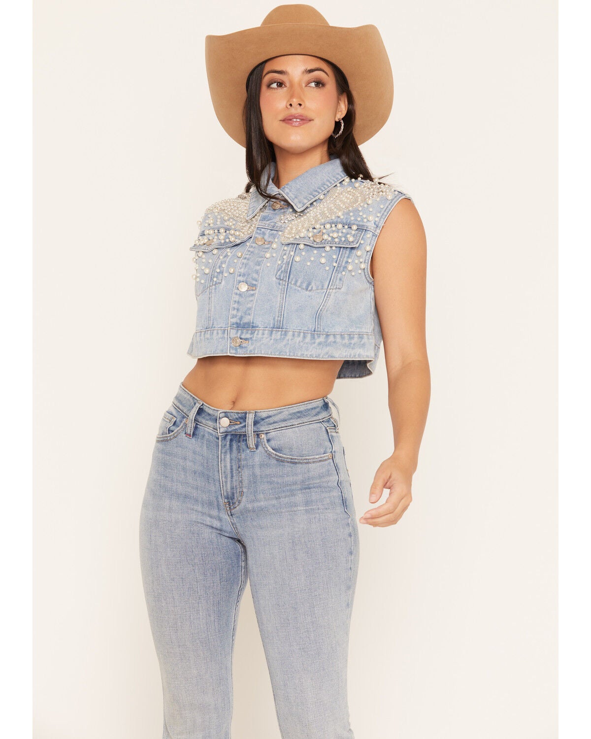 Image #2 - Azalea Wang Women's Adalyn Pearl Embellished Cropped Trucker Vest, Medium Wash, hi-res