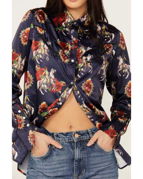 Image #3 - Rodeo Quincy Women's Floral Horse Print Long Sleeve Pearl Snap Western Shirt , Navy, hi-res