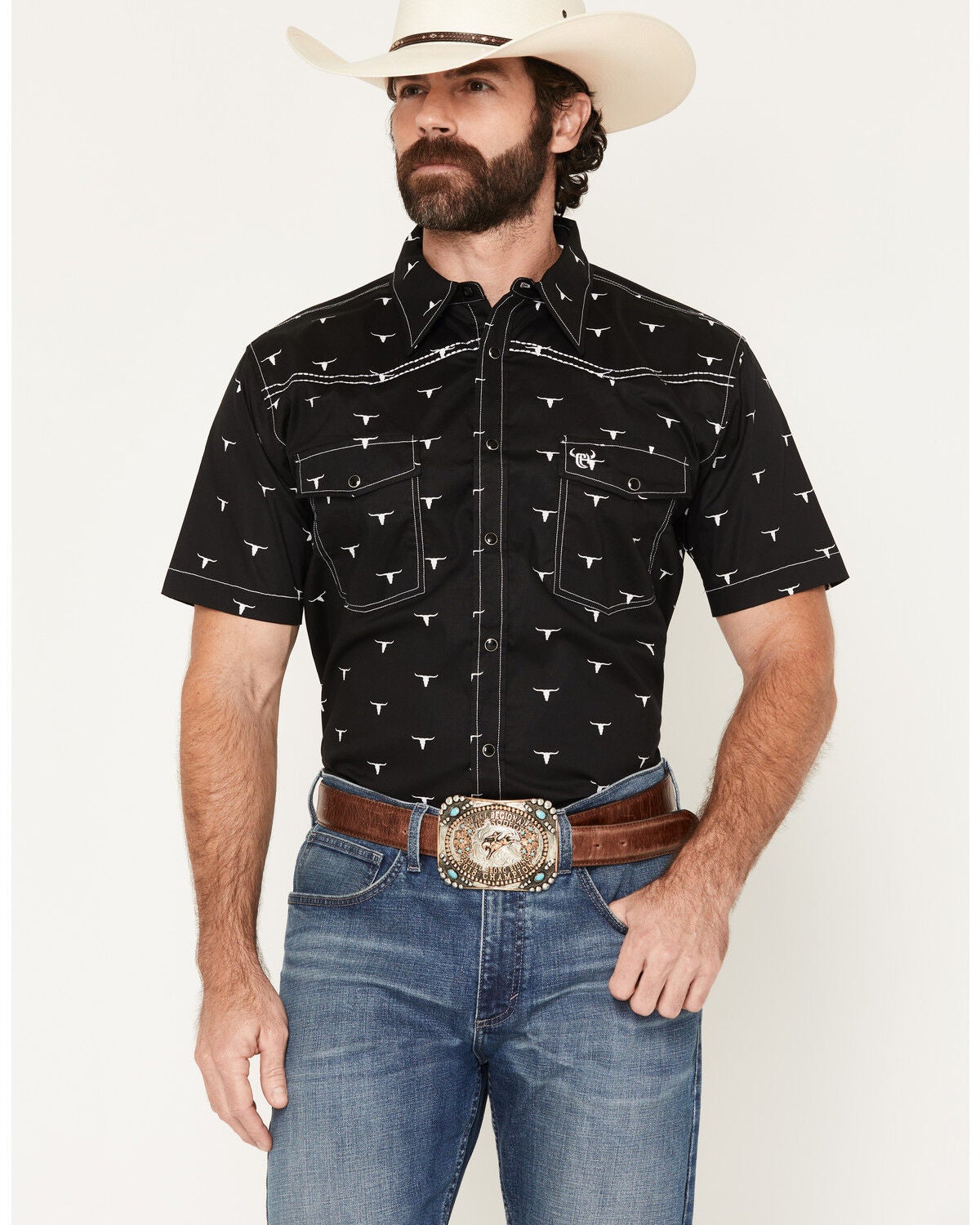 Image #1 - Cowboy Hardware Men's Boot Barn Exclusive Scatter Skull Print Short Sleeve Snap Stretch Western Shirt, Black, hi-res