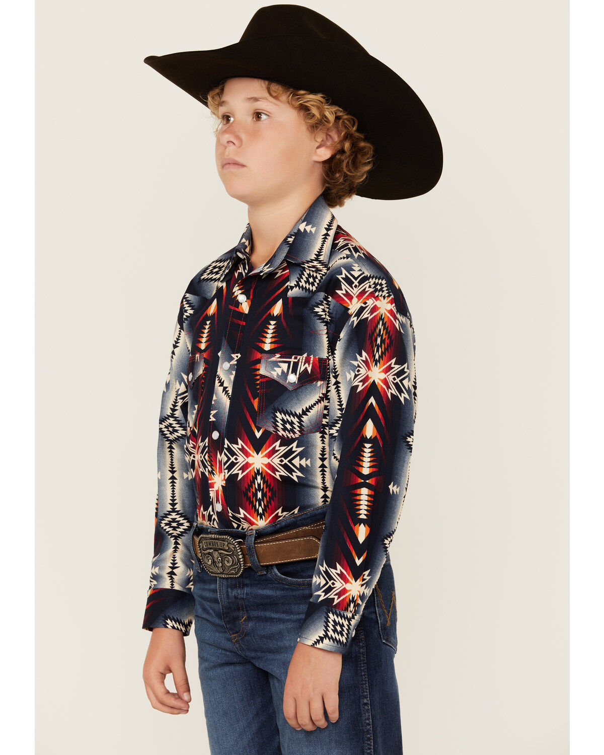 Image #2 - Rock & Roll Denim Boys' Southwestern Print Long Sleeve Pearl Snap Stretch Western Shirt, Navy, hi-res