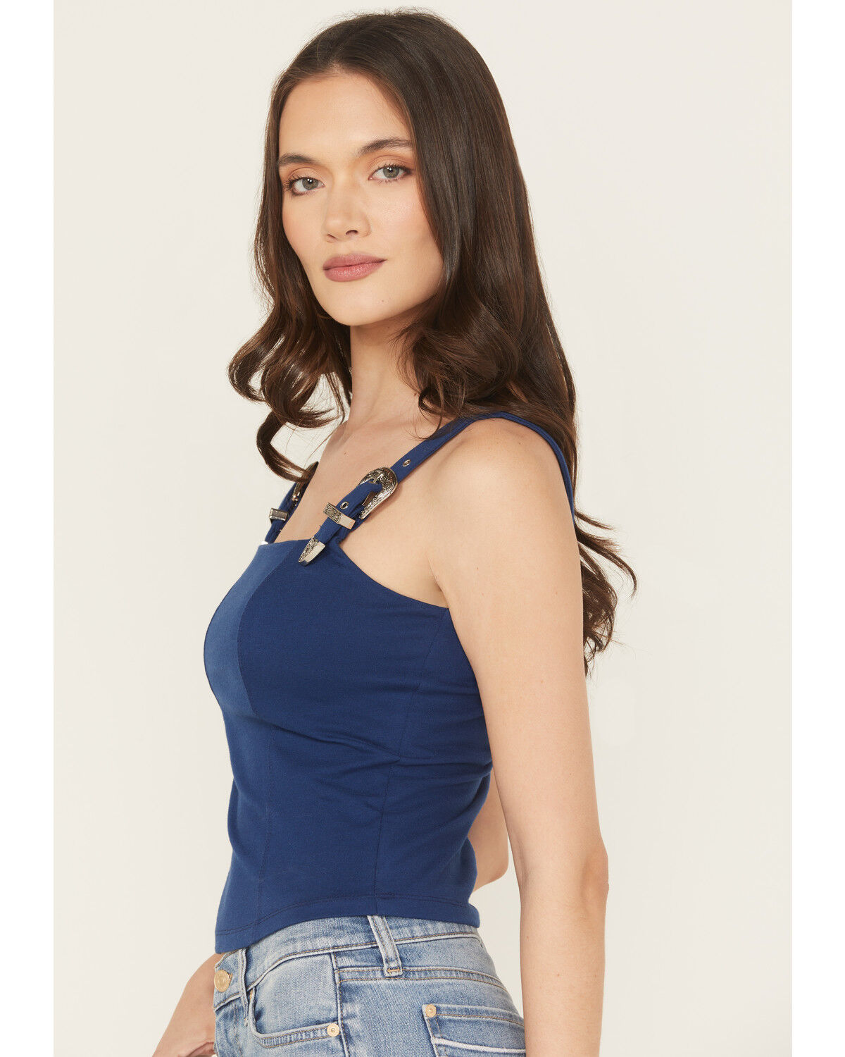 Image #2 - Rock & Roll Denim Women's Square Neck Buckle Tank, Blue, hi-res