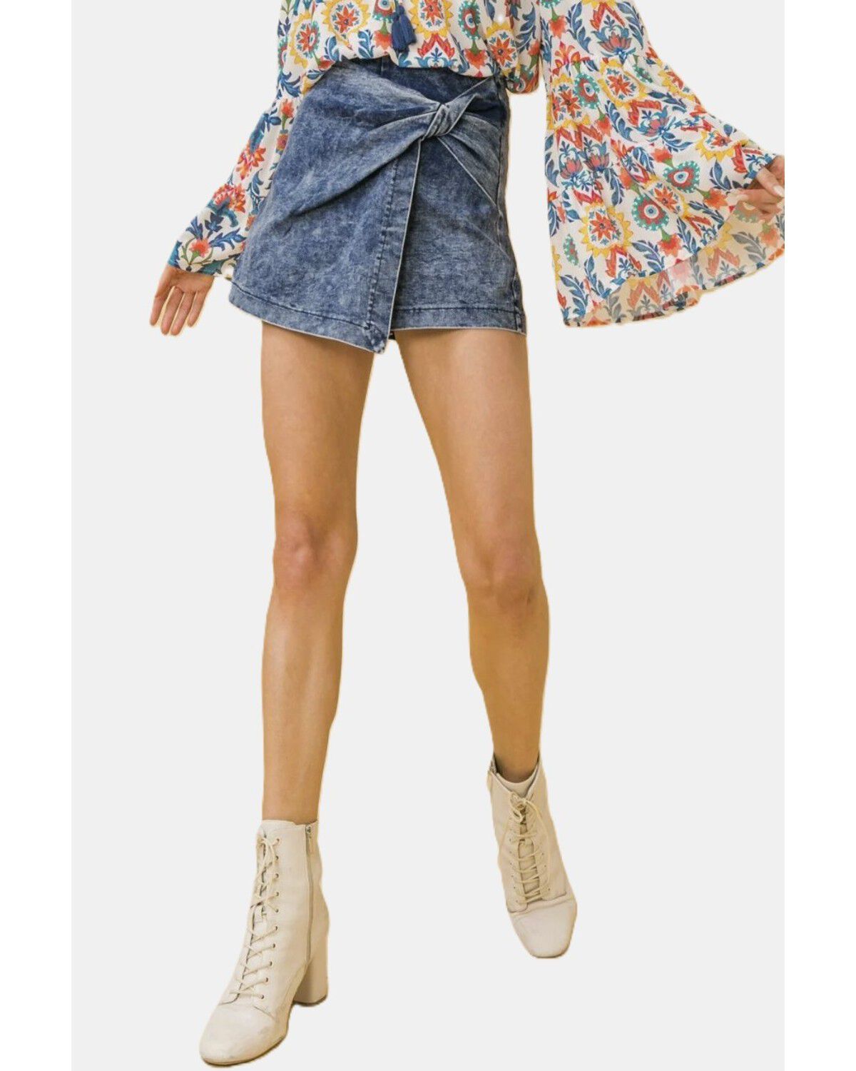 Flying Tomato Women's Passport Destination Denim Mini Skort, Medium Wash, hi-res