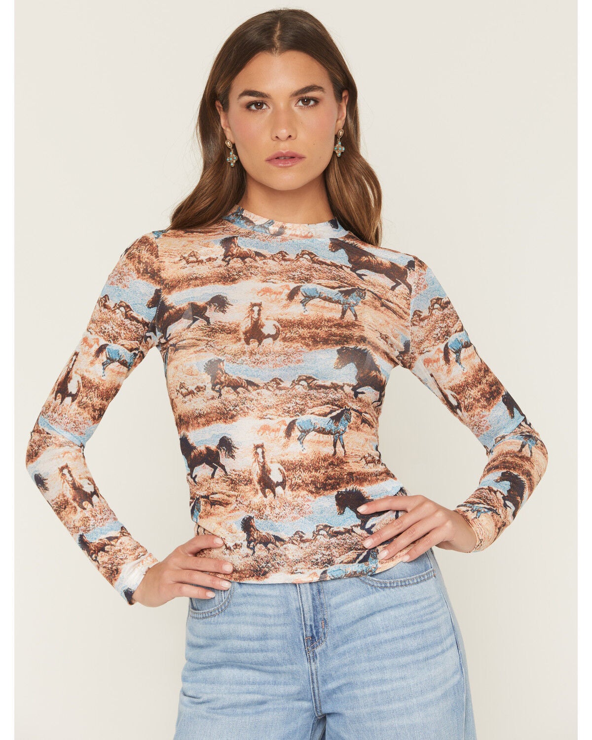 Blue B Women's Horse Print Mesh Long Sleeve Shirt, Multi, hi-res