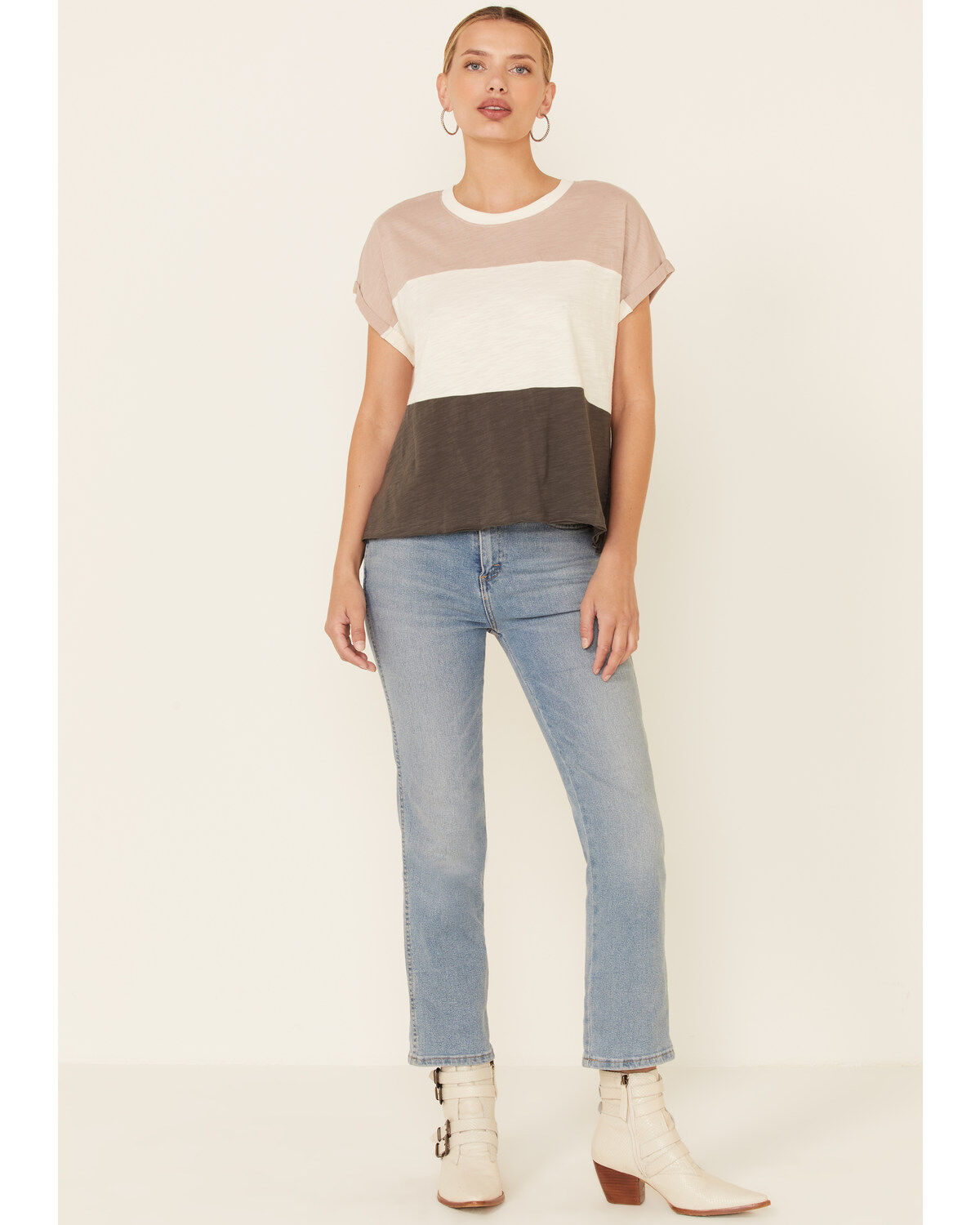 Image #2 - Wishlist Women's Wide Stripe Colorblock Dolman Short Sleeve Top, Taupe, hi-res