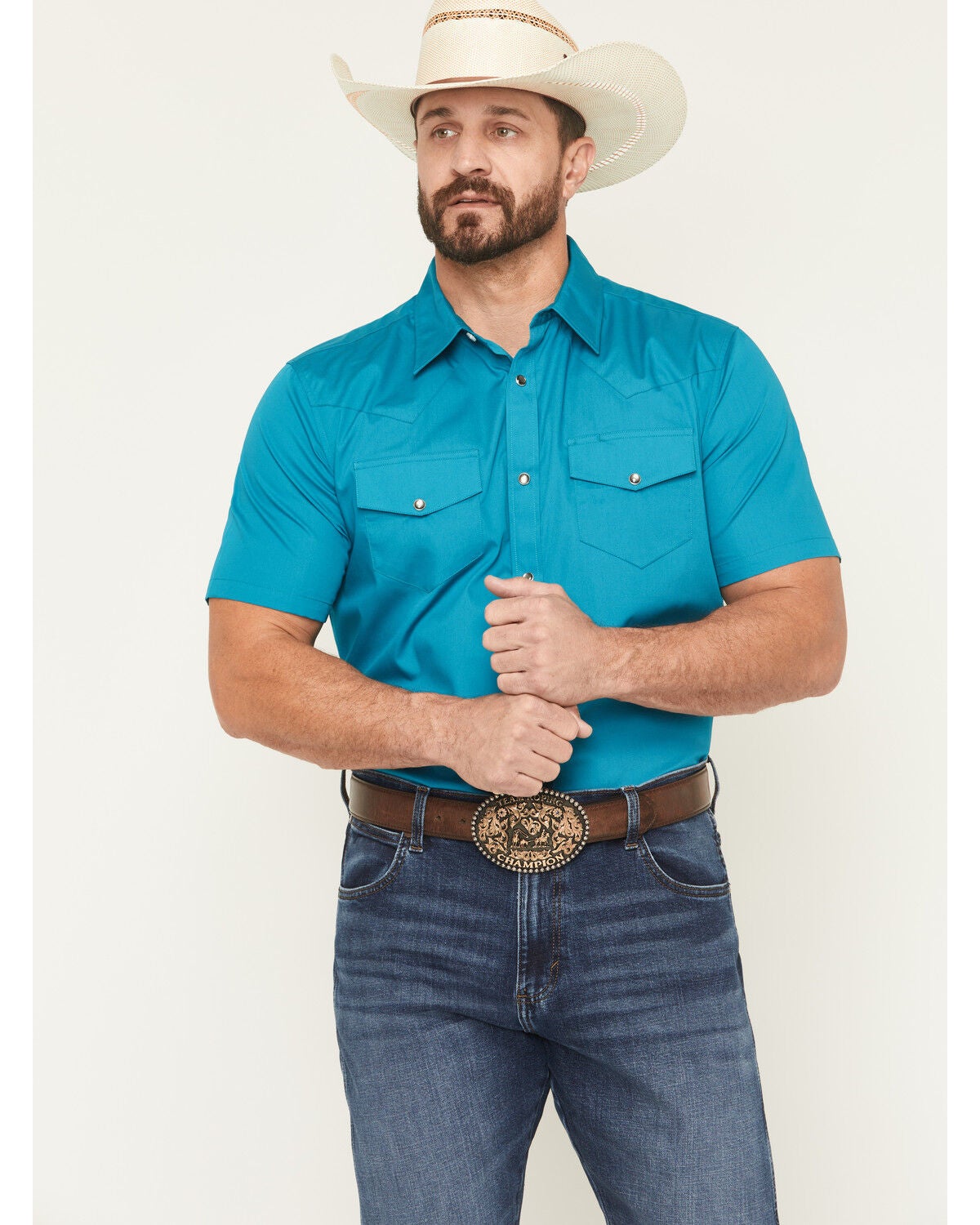 Gibson Trading Co Men's Solid Short Sleeve Snap Stretch Western Shirt, Teal, hi-res