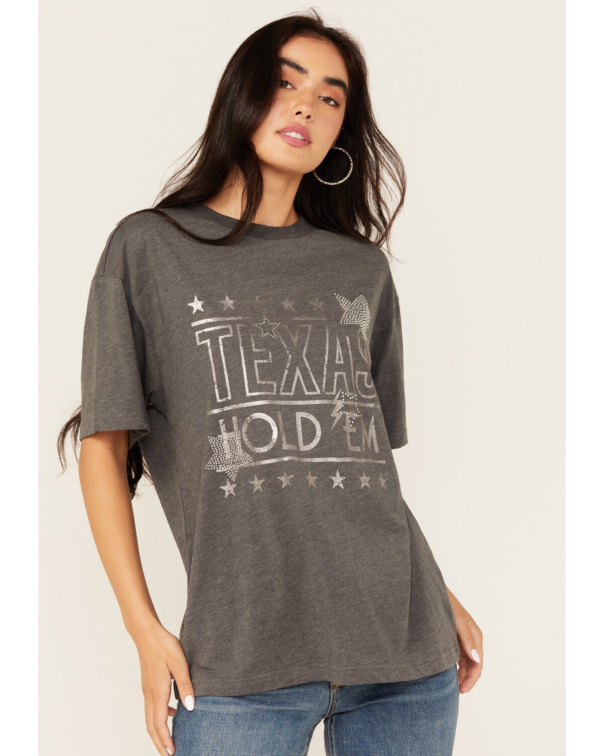 Youth in Revolt Women's Texas Hold Em Rhinestone Short Sleeve Graphic Tee, Black, hi-res