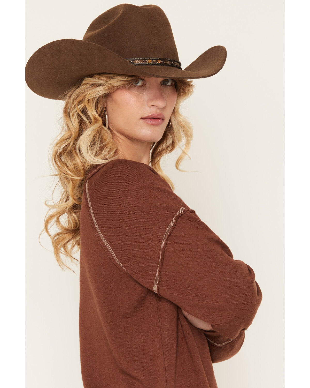 Image #2 - Blended Women's Lace V Long Sleeve Top, Chocolate, hi-res