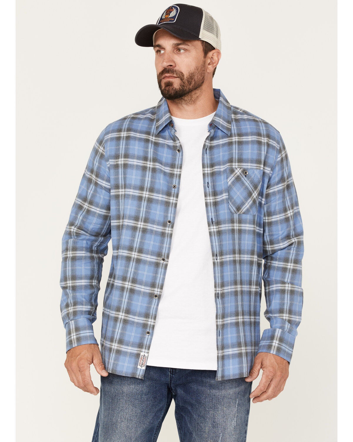 Flag & Anthem Men's Willcox Vintage Wash Plaid Print Long Sleeve Button Down Shirt, Medium Blue, hi-res