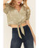 Very J Women's Scarf Print Tie-Bottom Short Sleeve Crop Top, Sage, hi-res