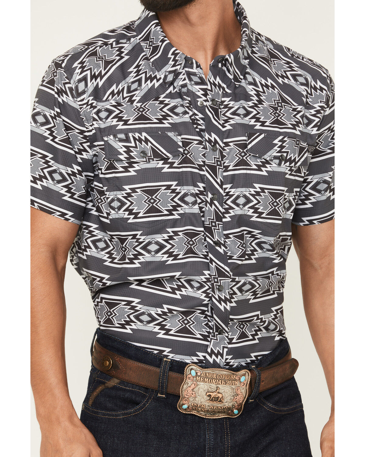 Image #3 - Rock & Roll Denim Men's Boot Barn Exclusive Tek Southwestern Short Sleeve Snap Stretch Western Shirt, Black, hi-res
