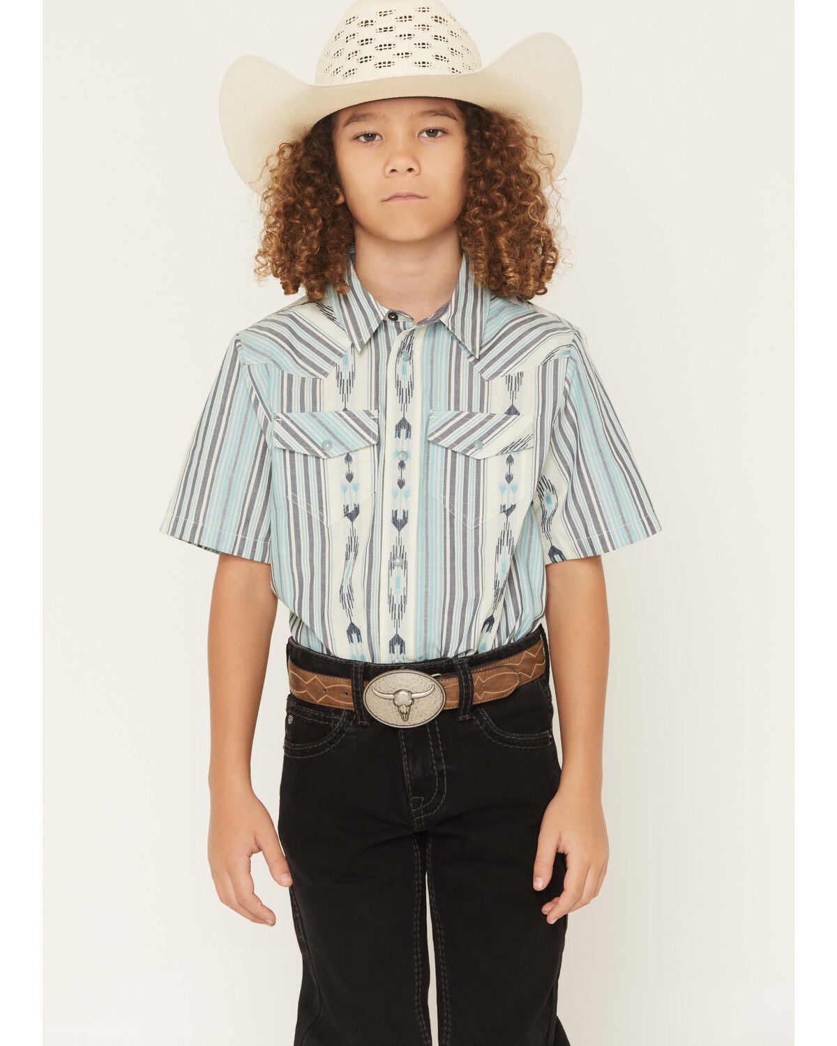 Cody James Boys' Heath Southwestern Striped Short Sleeve Snap Western Shirt, Blue, hi-res