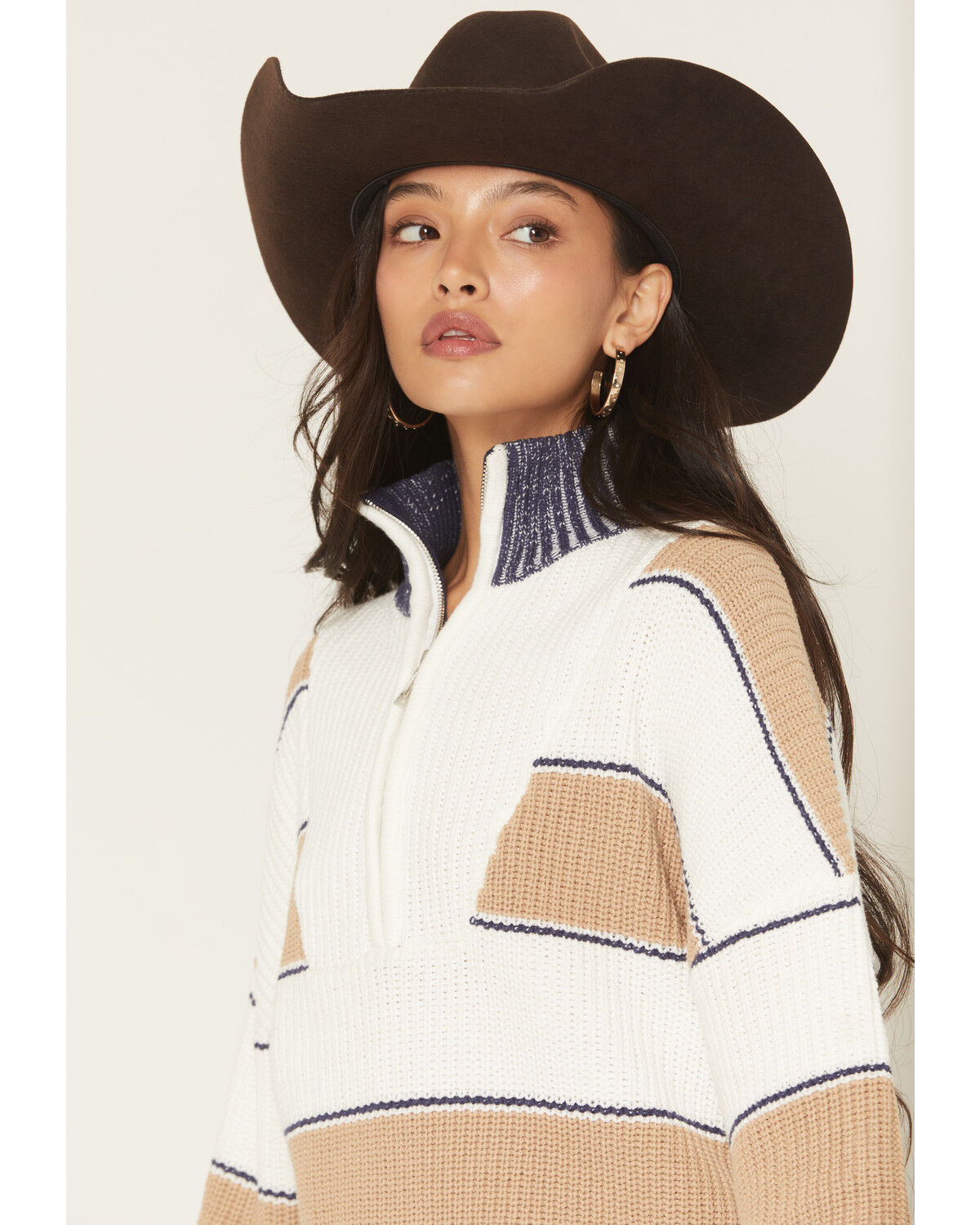 Image #2 - Elan Women's Striped Half Zip Sweater, Camel, hi-res
