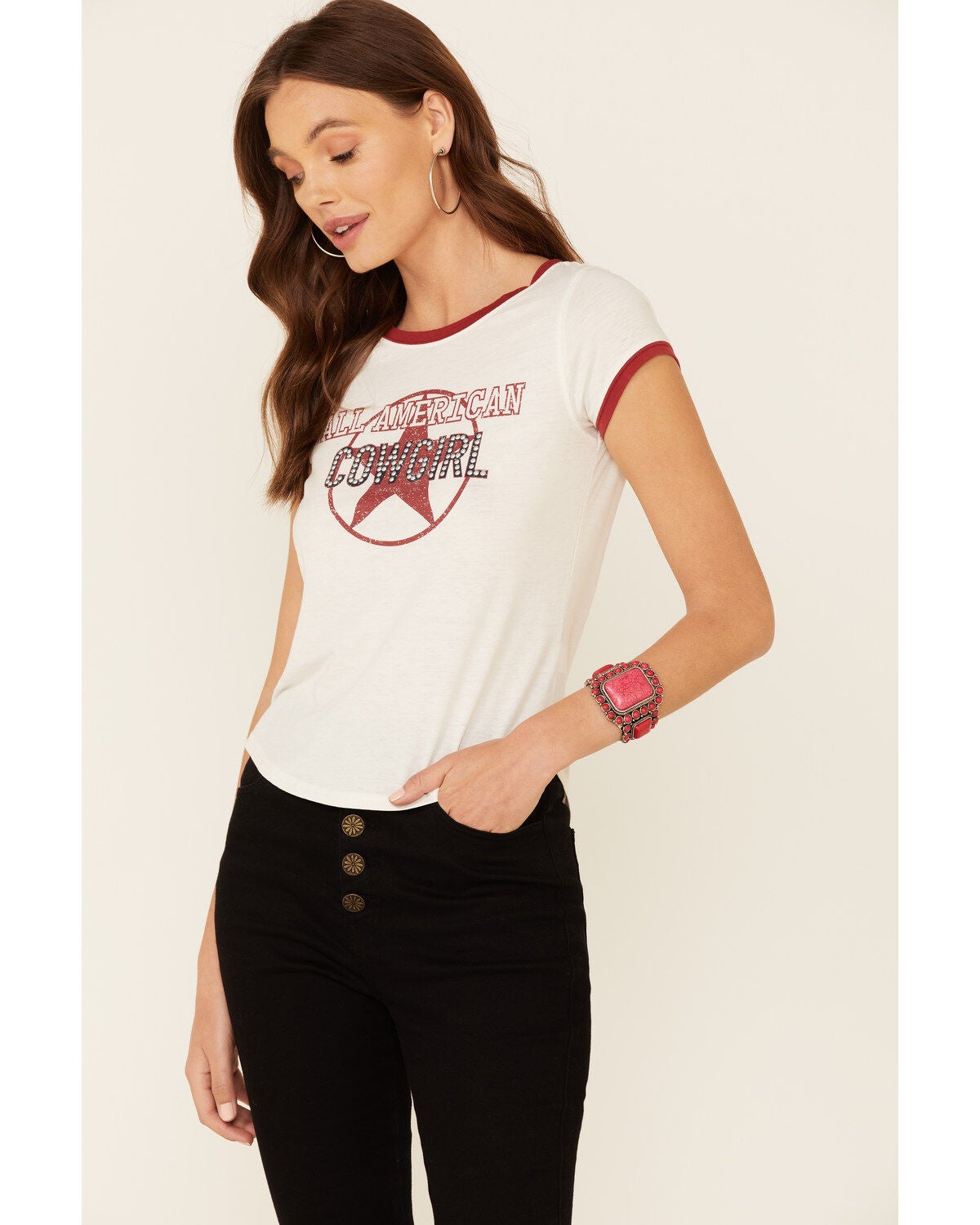 Shyanne Women's All-American Cowgirl Graphic Short Sleeve Ringer Tee, White, hi-res