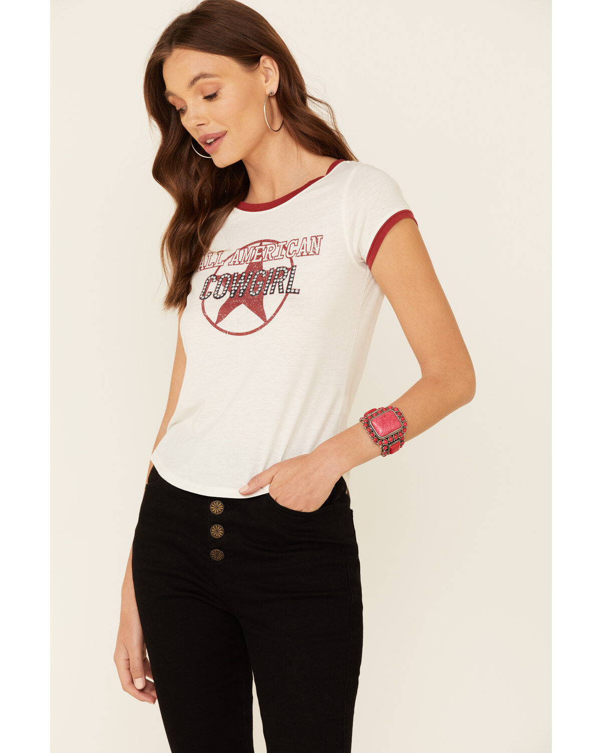 Image #1 - Shyanne Women's All-American Cowgirl Graphic Short Sleeve Ringer Tee, White, hi-res