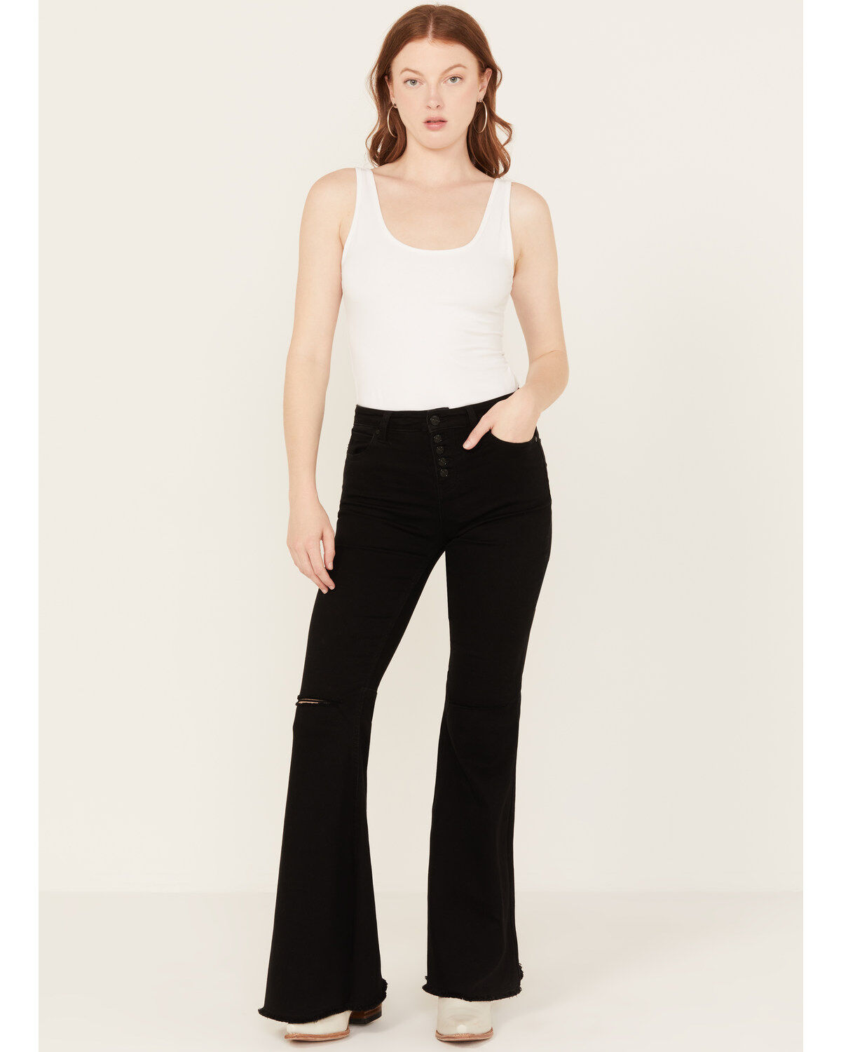 Image #1 - Shyanne Women's High Rise Destructed Super Flare Stretch Jeans, Black, hi-res