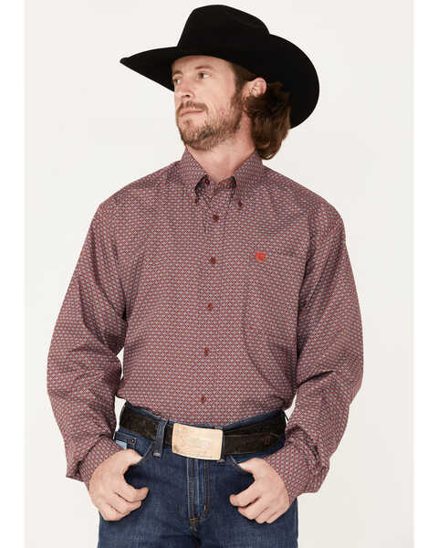 Cinch Men's Geo Print Long Sleeve Button Down Western Shirt, Burgundy, hi-res