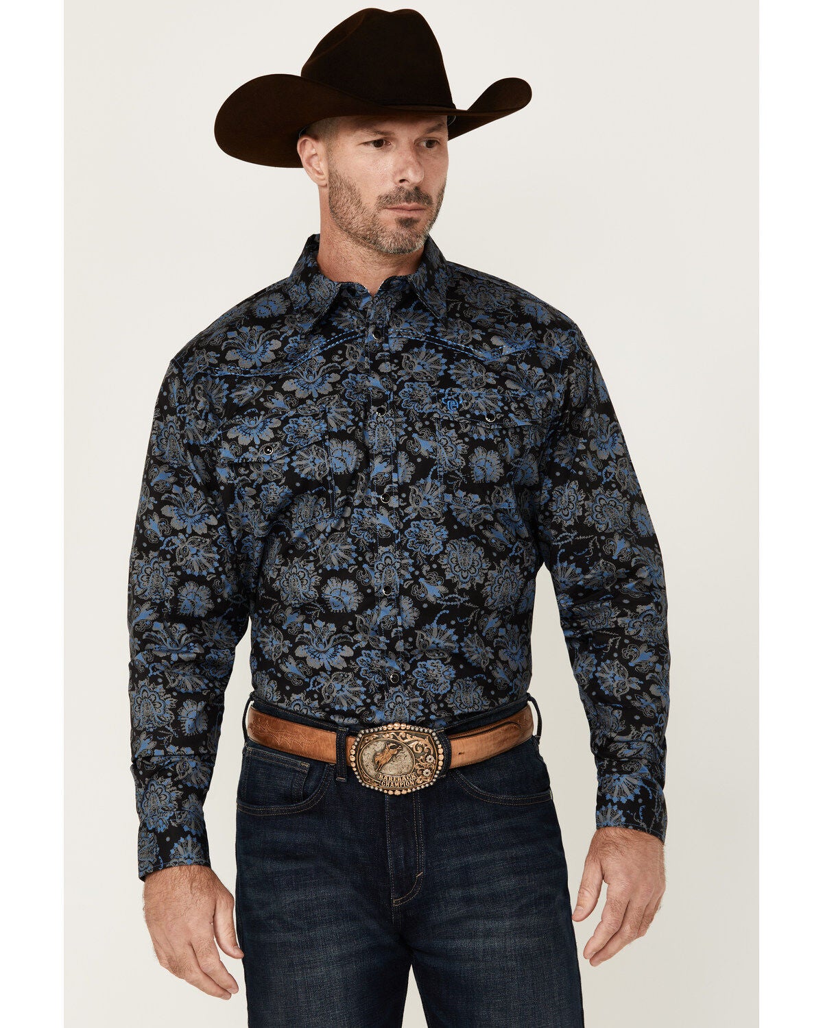 Cowboy Hardware Men's Peacock Paisley Print Long Sleeve Snap Western Shirt, Black, hi-res