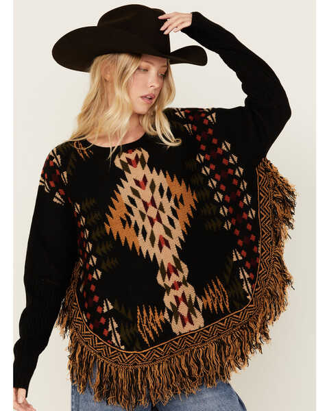 Cotton & Rye Women's Southwestern Fringe Pancho Sweater , Black