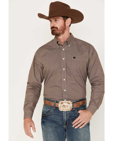 Cinch Men's Square Geo Print Long Sleeve Button Down Western Shirt, Cream, hi-res