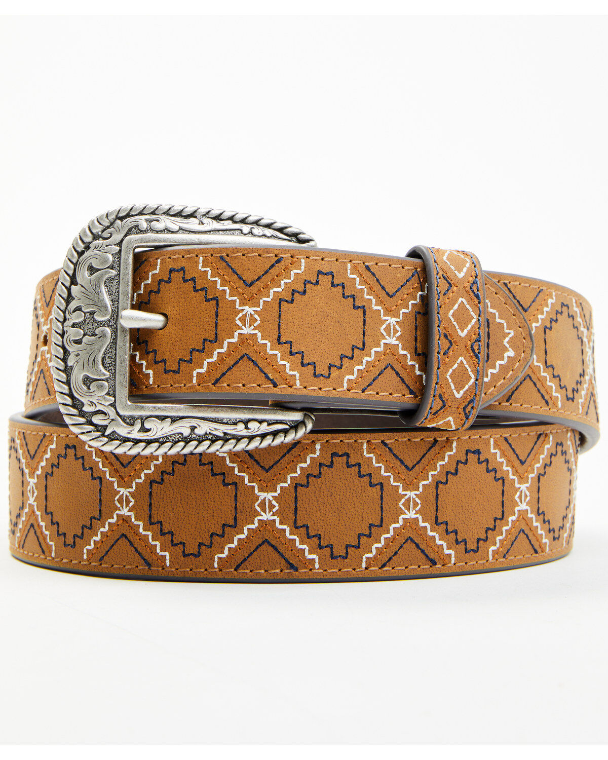 Image #1 - RANK 45® Men's Emmett Southwestern Stitched Leather Belt, Brown, hi-res