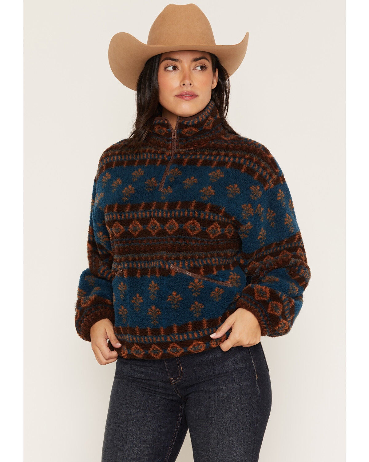 Rock & Roll Denim Women's Southwestern Print Sherpa Pullover, Blue, hi-res