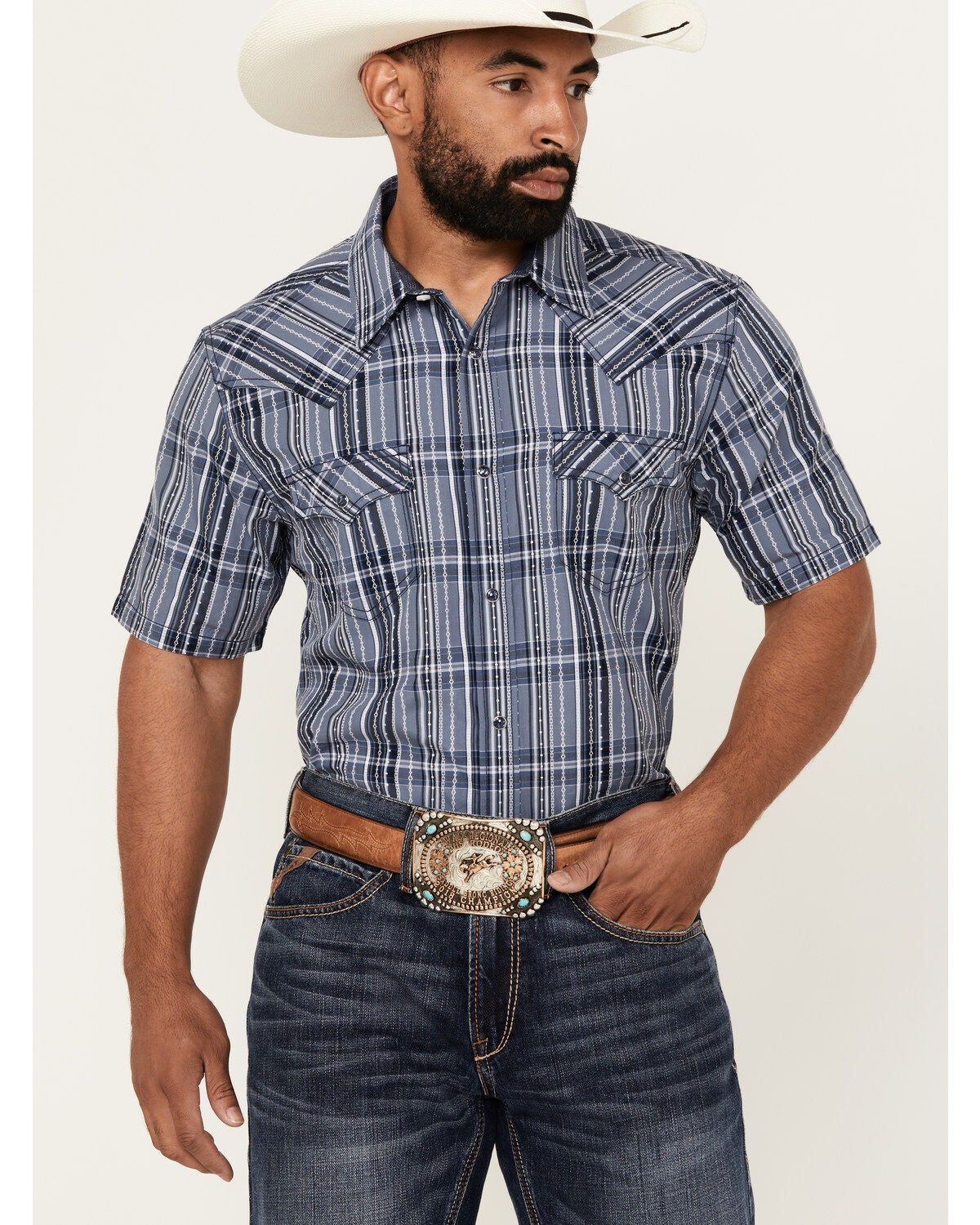 Image #1 - Cody James Men's Blue Lights Plaid Print Short Sleeve Snap Western Shirt, , hi-res