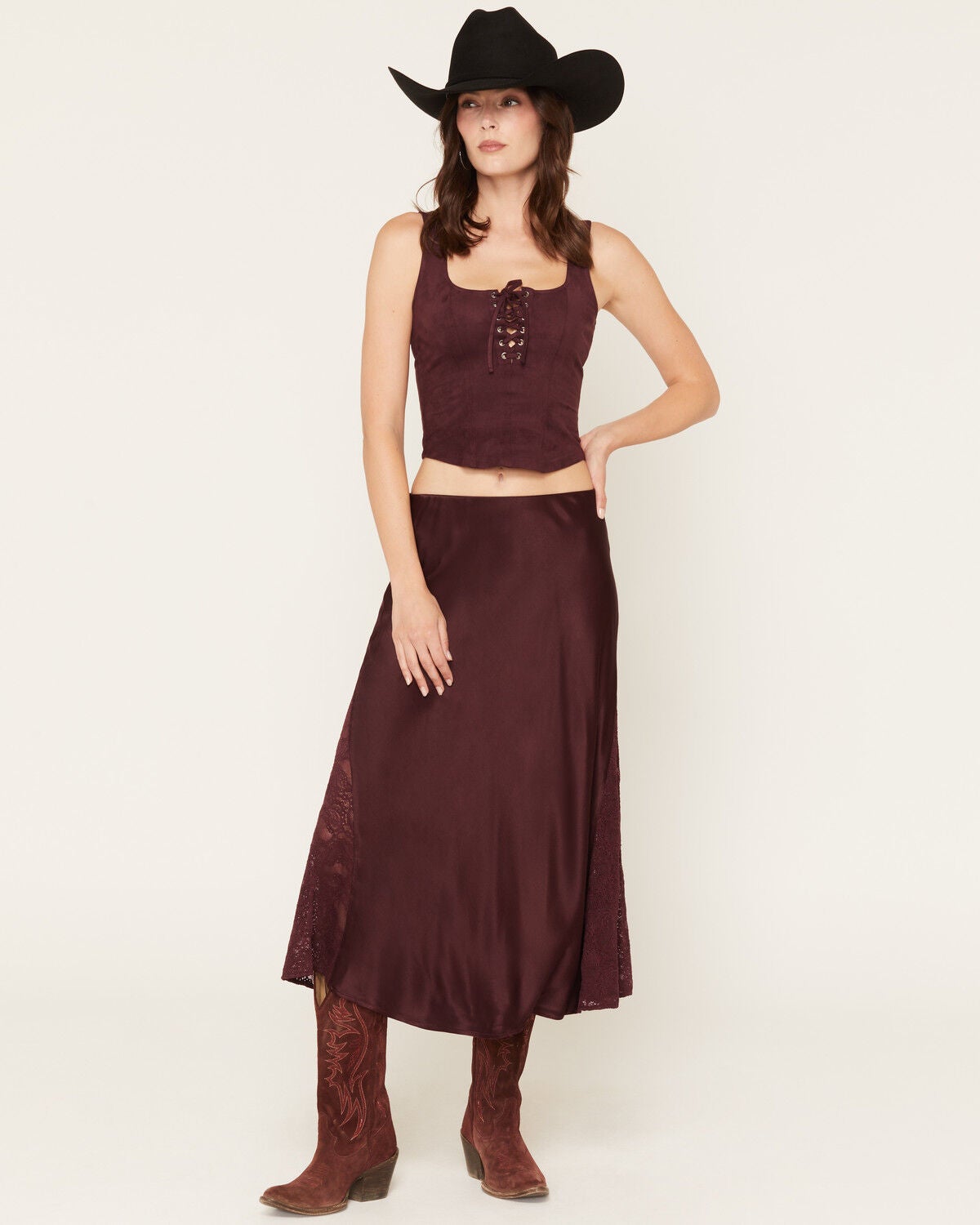 Idyllwind Women's Rita Satin and Lace Midi Skirt, Wine, hi-res