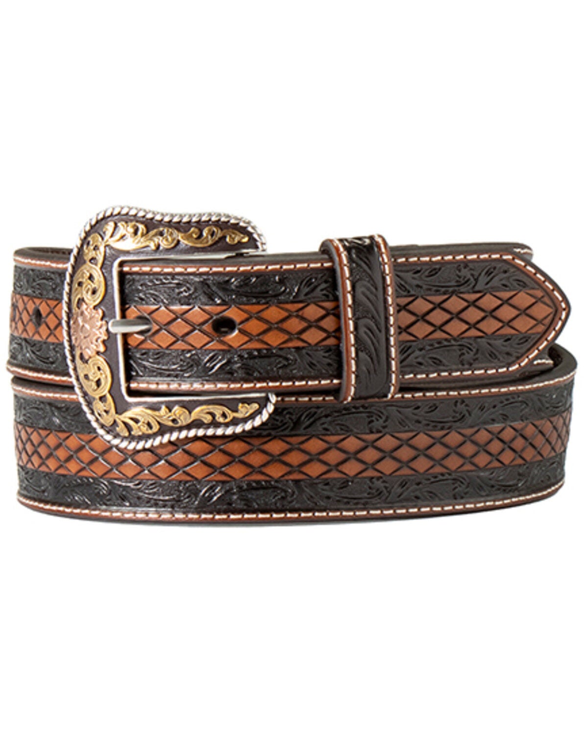 M & F Western Men's Diamond Embossed Leather Belt, Black, hi-res