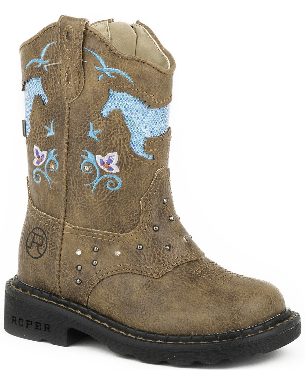 Roper Infant's Horse Flowers Dazzel Lights Western Boots, Tan, hi-res