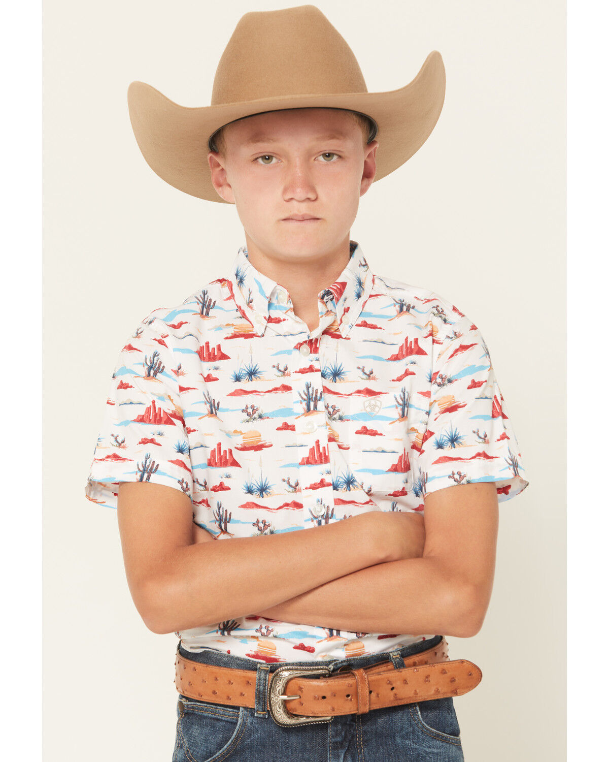 Image #1 - Ariat Boys' Desert Print Short Sleeve Button-Down Western Shirt, White, hi-res