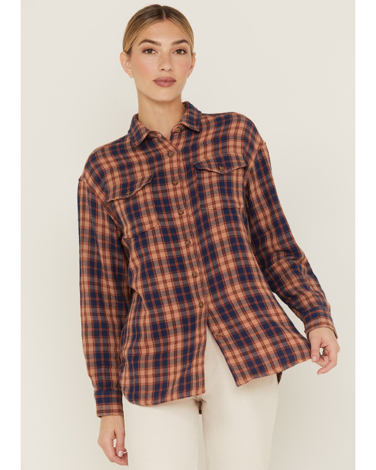 Cleo + Wolf Women's Breezy Springs Plaid Print Flannel Shirt, Beige/khaki, hi-res
