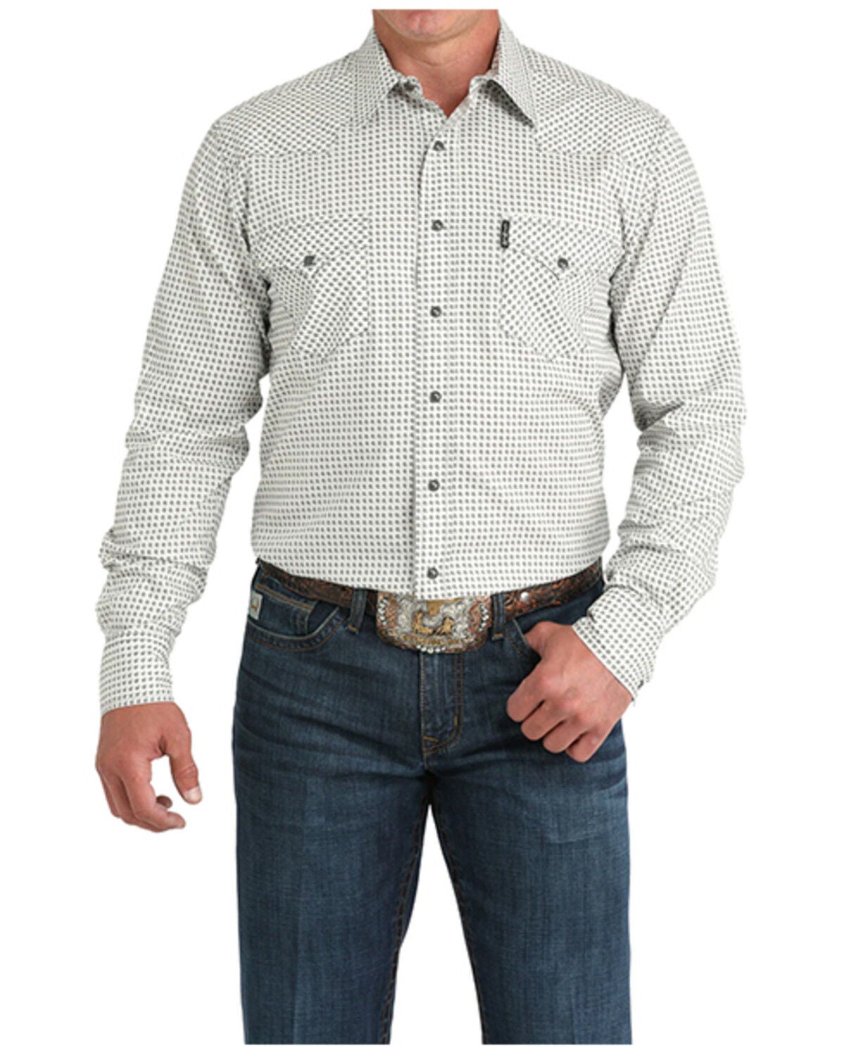 Cinch Men's Modern Fit Geo Print Long Sleeve Snap Western Shirt, Cream, hi-res