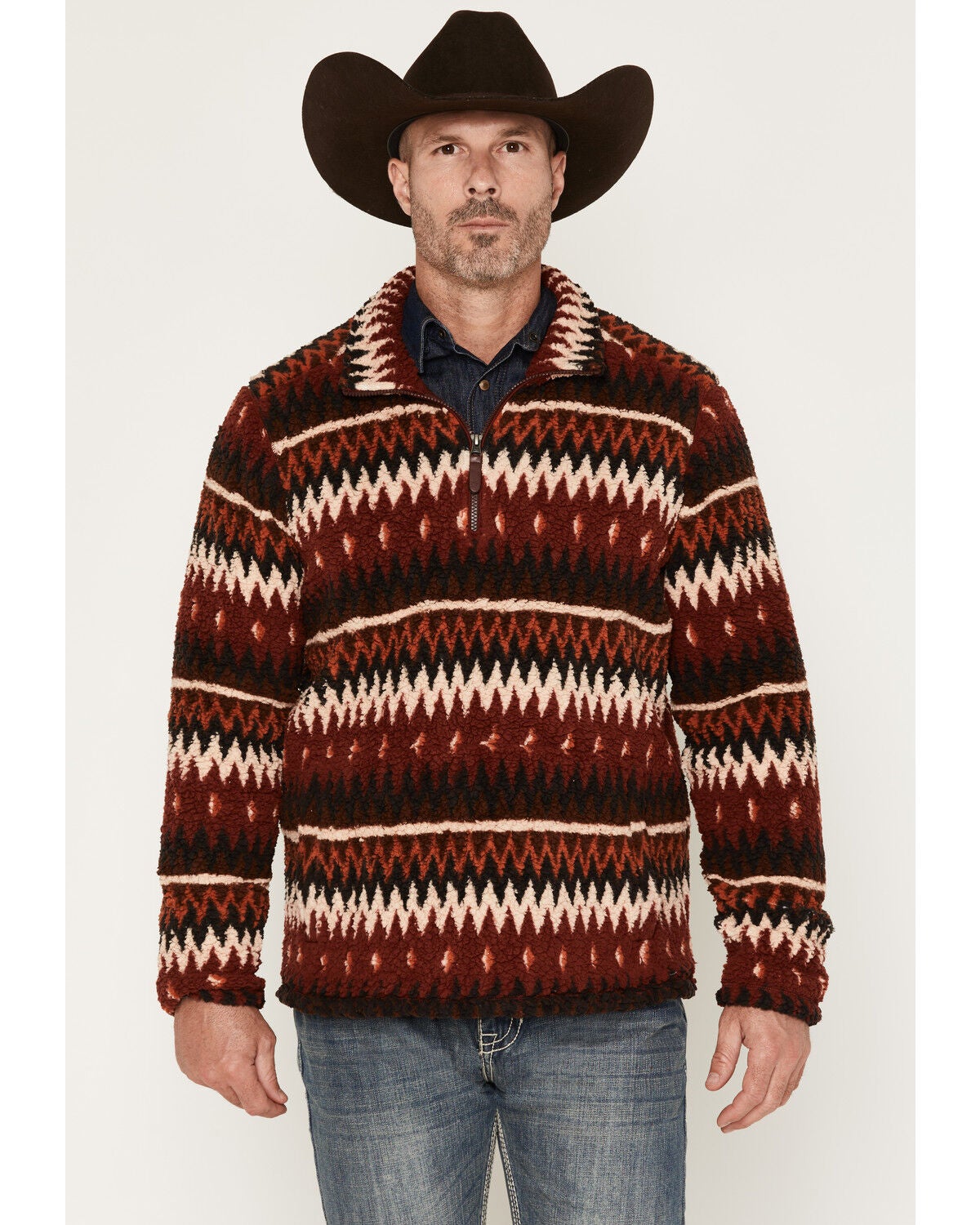Image #1 - Cody James Men's Voyage Southwestern Striped Sherpa 1/4 Zip Pullover, Dark Red, hi-res