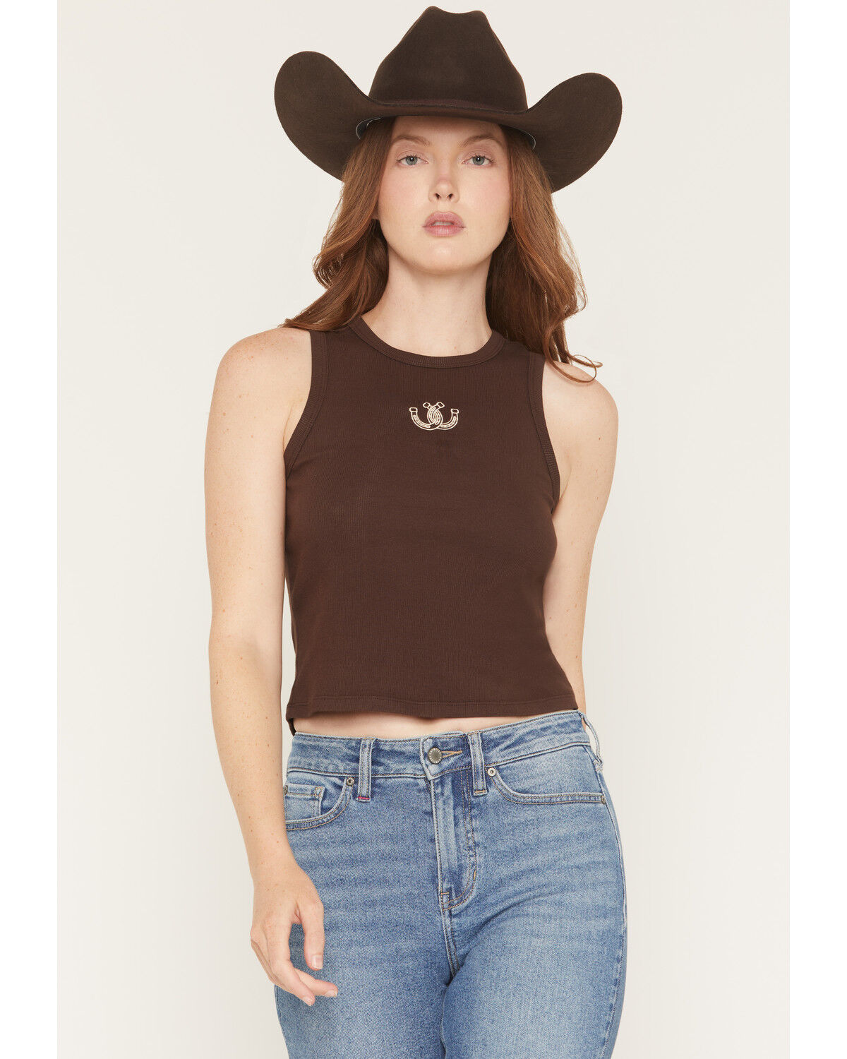 Image #1 - Originality Women's Horseshoe Embroidered Sleeveless Tank Top, Black, hi-res