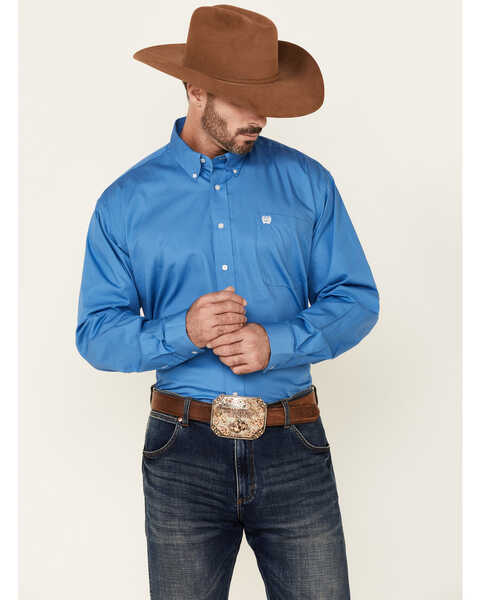Cinch Men's Solid Long Sleeve Button Down Western Shirt, Blue, hi-res