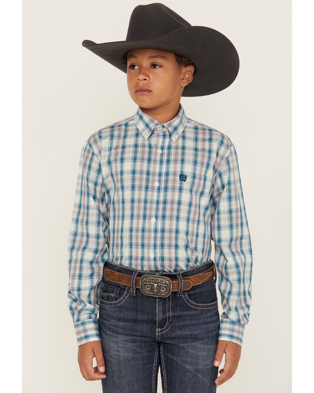 Cinch Boys' Plaid Print Long Sleeve Button-Down Western Shirt, Blue, hi-res