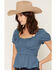 Image #2 - Ash & Violet Women's Bow Trim Short Sleeve Top, Teal, hi-res