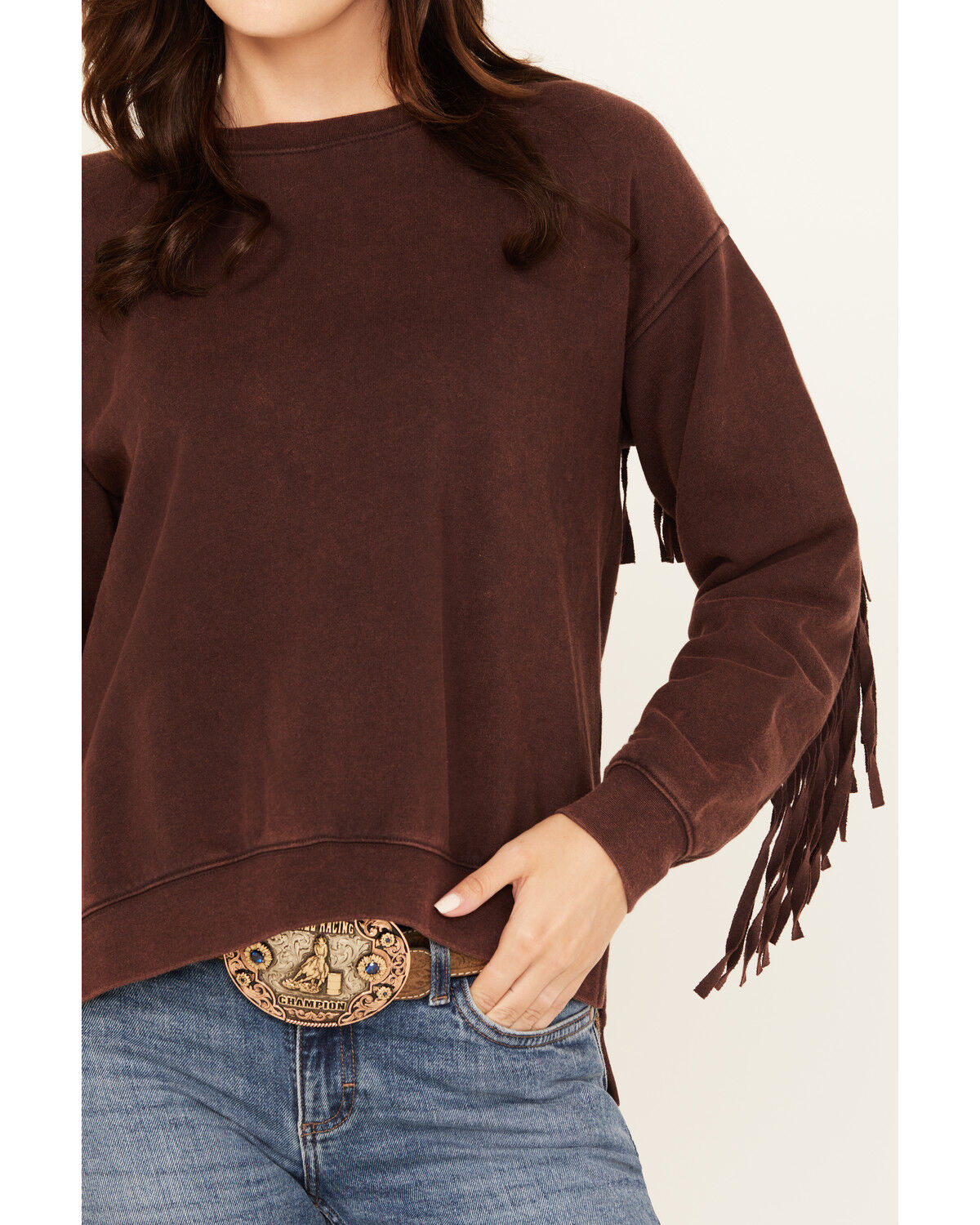 Image #3 - Shyanne Women's Solid High-Low Fringe Long Sleeve Shirt, Chocolate, hi-res