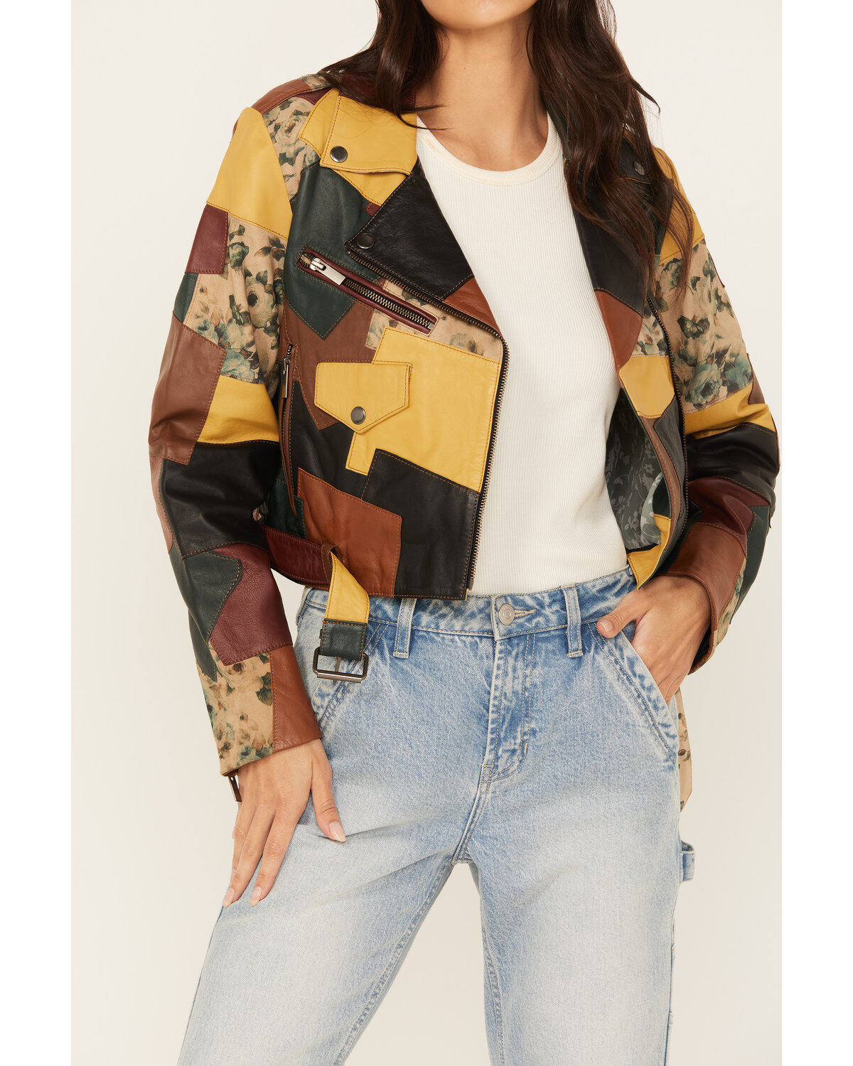 Image #2 - Cleo + Wolf Women's Patchwork Leather Jacket, Chocolate, hi-res